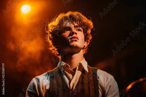 A performer auditioning for a theater role, standing confidently on stage under a spotlight while holding their script