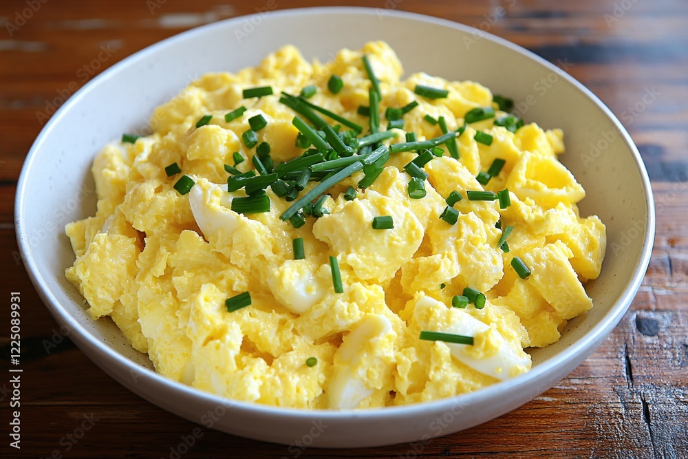 Scrambled eggs with chives in a bowl on a wooden table for a delicious breakfast or brunch Scrambled eggs with chives in a bowl on a wooden table for a delicious breakfast or brunch