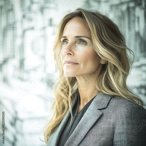 Thoughtful middleaged woman with long blonde hair, wearing a grey blazer, gazes pensively into the distance against a blurred city backdrop.
