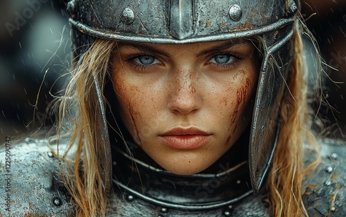 Fierce Female Knight in Dented Armor Stands Resolute on Medieval Battlefield