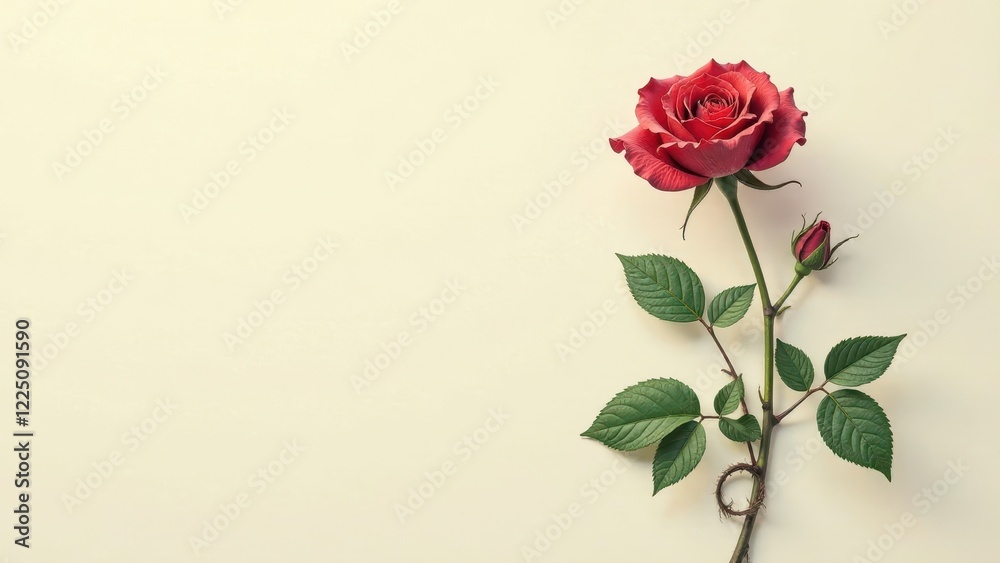 Single red rose stem with bud and leaves on a light beige background Single red rose stem with bud and leaves on a light beige background