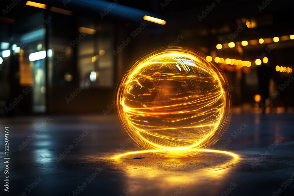 Fototapeta premium Glowing golden raffle ball spins slowly in a dimly lit venue during an evening event, captivating attendees with its radiant energy
