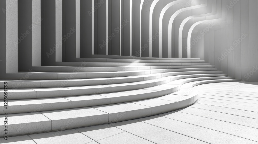 Abstract grayscale image depicting a curving staircase leading to a brightly lit arched hallway. The texture is rough, resembling concrete. The Abstract grayscale image depicting a curving staircase leading to a brightly lit arched hallway. The texture is rough, resembling concrete. The