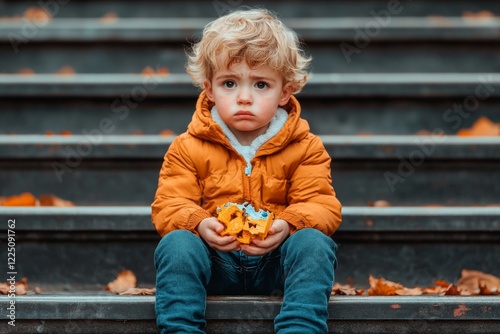 A child sitting on a staircase holding a broken toy, their face showing both sadness and guilt photo