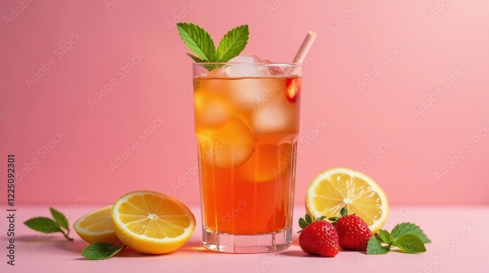 Refreshing Iced Tea with Strawberry and Lemon Slices in a Tall Glass Refreshing Iced Tea with Strawberry and Lemon Slices in a Tall Glass