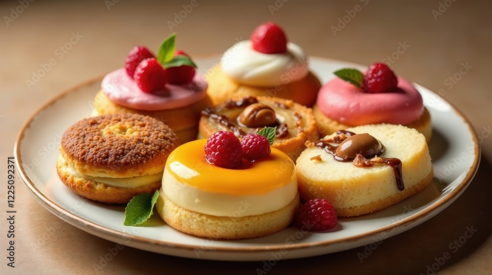 A delightful assortment of mini pastries, each adorned with fresh raspberries and a variety of sweet toppings, arranged on a plate for an elegant presentation. A delightful assortment of mini pastries, each adorned with fresh raspberries and a variety of sweet toppings, arranged on a plate for an elegant presentation.