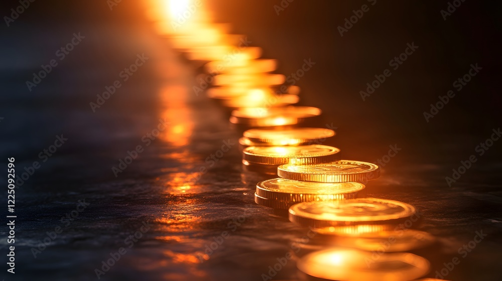 Obraz premium Glowing Staircase of Coins Leading Upward – Symbol of Financial Growth and Success