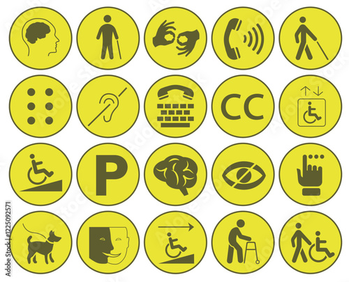Set of social icons. Icons of mental, physical, sensory, intellectual disabilities.