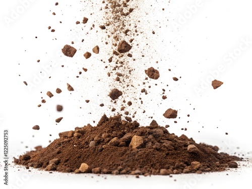 Brown Soil Pile with Particles in Motion Against White Background