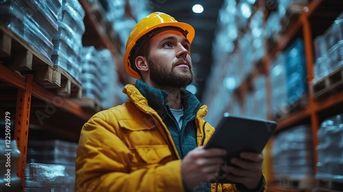 Warehouse worker using tablet, inventory check, storage, night shift