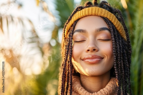 A close-up of a person face with a radiant smile, their eyes closed and expression full of pure joy, captured under natural sunlight