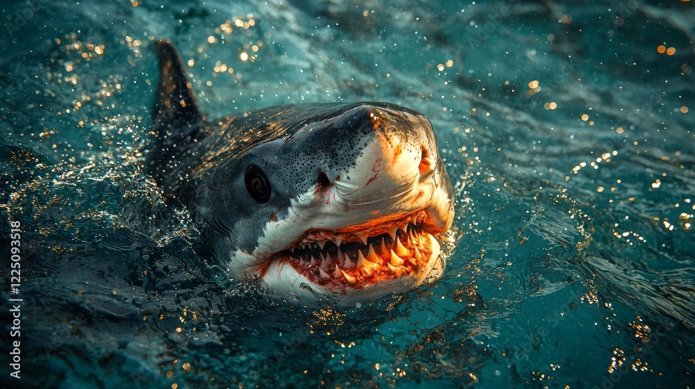 Obraz premium Fierce Shark With Open Jaws Revealing Razor Sharp Teeth in Deep Blue Ocean
