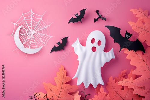 Halloween festival without text on 3d soft render style A banner with a paper cut-style ghost, bat, and spider web against a full moon photo