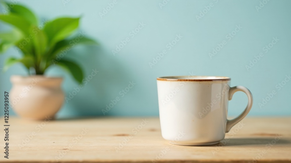 A serene morning scene featuring a mug of coffee on a wooden surface, with a blurred background showcasing indoor potted plant A serene morning scene featuring a mug of coffee on a wooden surface, with a blurred background showcasing indoor potted plant