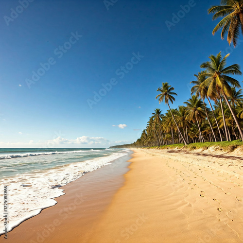 Photo of a long beach, on one side of the beach the lapping waves against the shore, white sand extends into the distance, on the other side, a row of palm trees runs parallel to the shoreline. photo