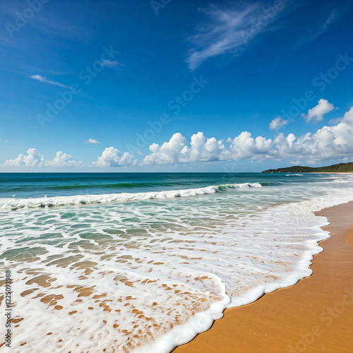 Impressive view of a a beach with a big white wave lapping in the shore, the foam covering the sand, the blue sky and the turquoise water form a natural epic scenario 