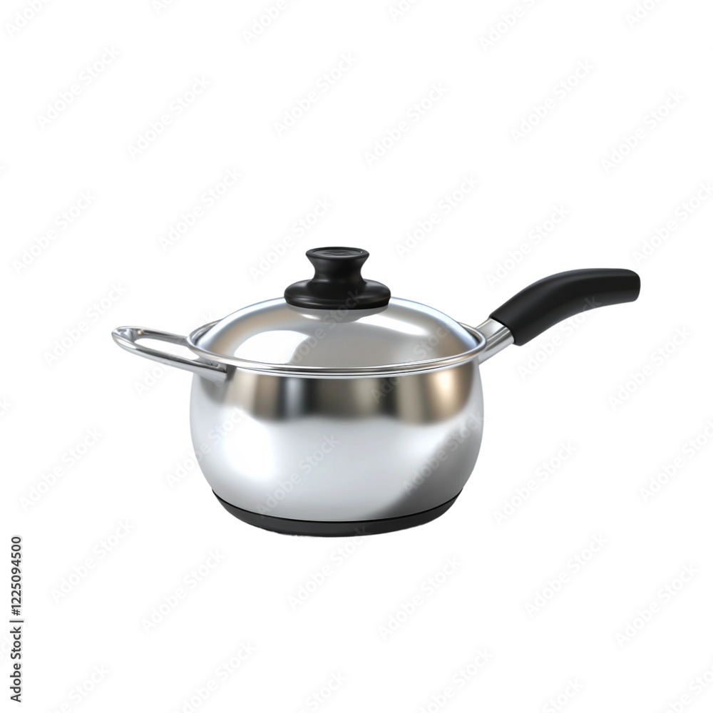 Silver pot with a black handle sits on a white background Silver pot with a black handle sits on a white background