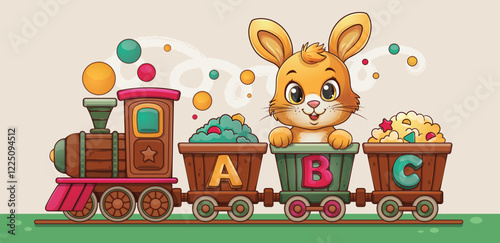 Wooden toy railway with cartoon bunny in the carriage with the inscription alphabet abs. Illustration for children's design