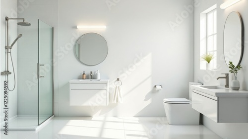 Modern minimalist bathroom design featuring sleek white fixtures and a spacious shower enclosure