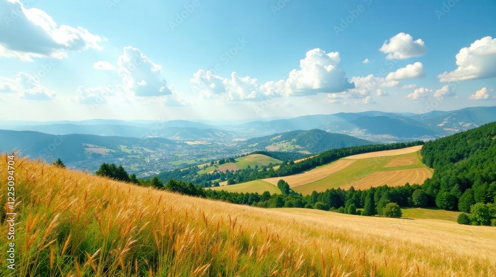 Fototapeta premium Serene Upland Panorama Rolling Hills, Golden Fields, and a Vast Blue Sky