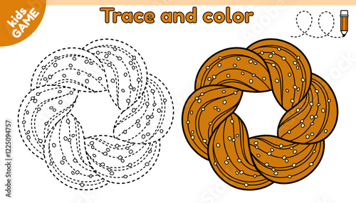 Christmas kids game. Trace and color. Connect dotted lines. Draw a kringle or pretzel is traditional Xmas baking in Estonia, Northern Europe. Handwriting practice activity page for children. Vector.