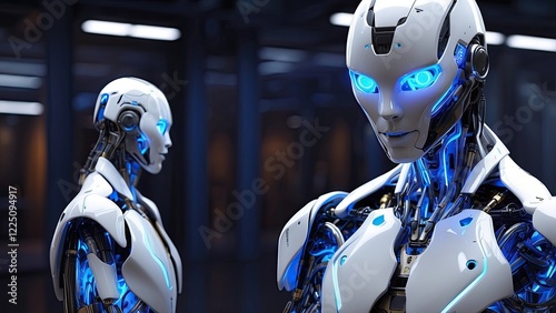 A futuristic robotic figure with a digital photo