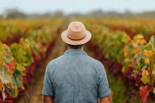 Man walks through colorful vineyard rows appreciating the harvest season with a wide-brimmed hat and relaxed demeanor in autumn