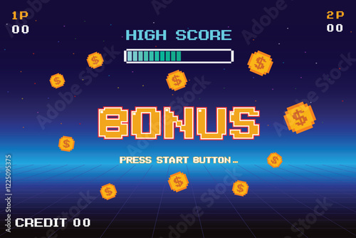 BONUS. pixel art .8 bit game. retro game. for game assets .Retro Futurism Sci-Fi Background. glowing neon grid. and stars from vintage arcade computer games