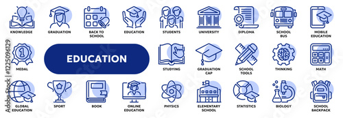 Set of vector line icons related to online education, school and university lessons, webinar. Symbols for website or app ui, logo design, illustration