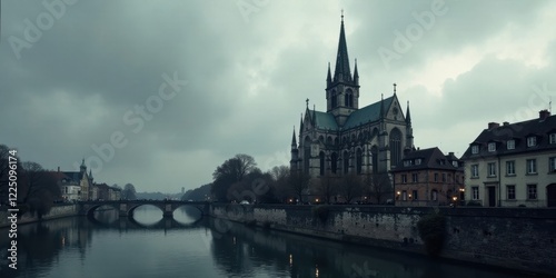 Serene gothic architecture beside a tranquil waterway under a brooding sky
