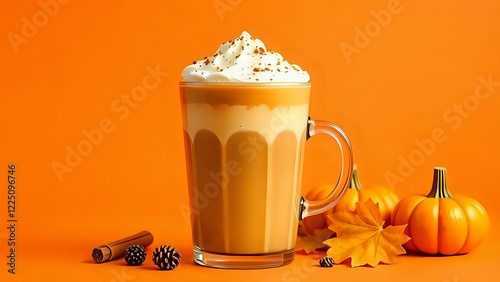 Seasonal pumpkin spice latte isolated on orange background, fall autumn decorative side view composition