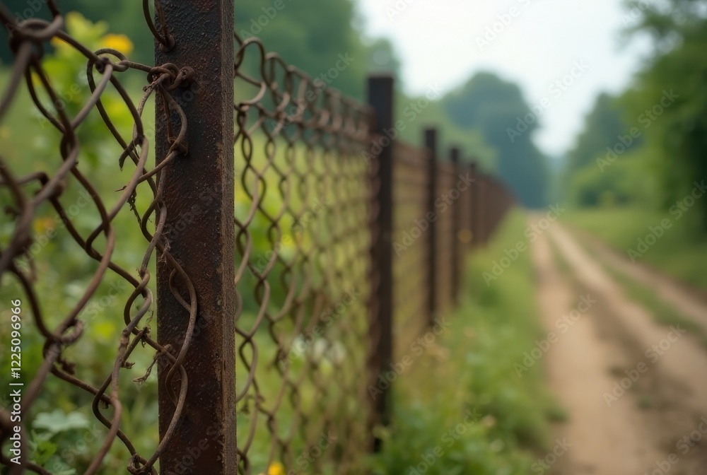 Rusty chain link fence beside a rural dirt road leading into a verdant landscape Rusty chain link fence beside a rural dirt road leading into a verdant landscape