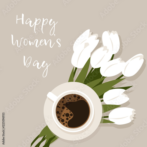 festive background with a bouquet of white tulips and a cup of coffee