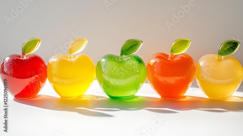 Bright apple form jellies food treats in a variety of tastes in detail set against a simple backdrop photo