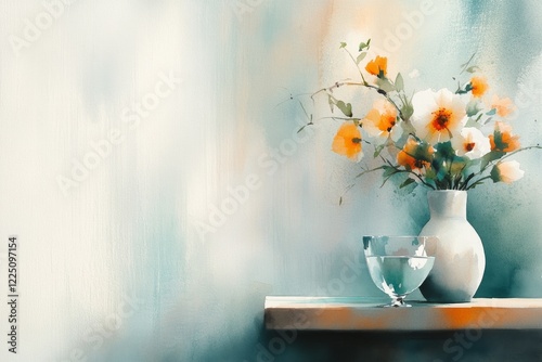 A delicate watercolor of a broken vase on a wooden table, with wilted flowers and water pooling beneath, symbolizing regret in soft pastel tones photo