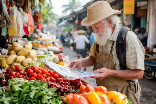 A tourist at a market bargaining for souvenirs, estimating the exchange rate in their head while chatting with a vendor