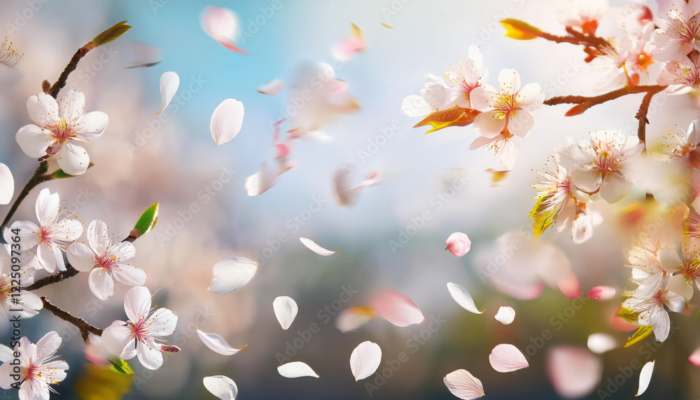 Flying petals create a magical spring atmosphere amidst blooming flowers and a gentle breeze