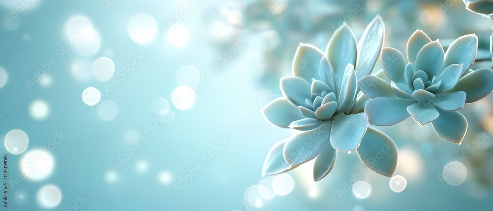 Fototapeta premium Soft succulent plant with light blue background and bokeh effect creating a serene mood
