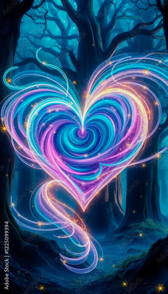 Obraz premium A radiant blue and purple heart made of swirling magical energy floats in a mystical forest, symbolizing love and romance on Valentine's Day.