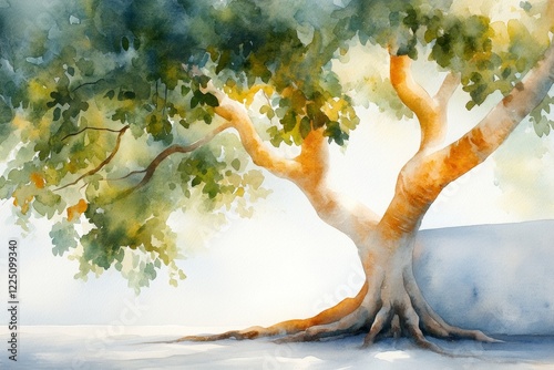 A watercolor painting of a large, sprawling tree with roots and branches intricately connected, symbolizing comprehensive growth and interconnection