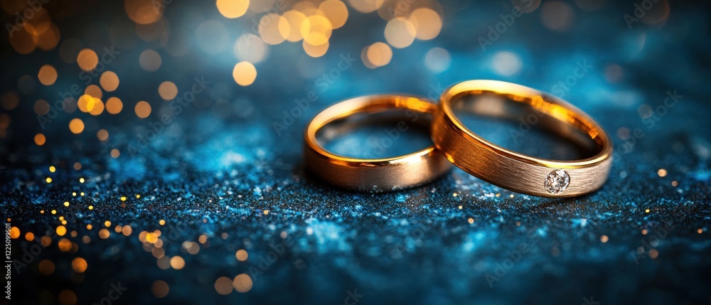 Golden wedding rings on a dark blue surface with sparkling lights creating a romantic mood Golden wedding rings on a dark blue surface with sparkling lights creating a romantic mood