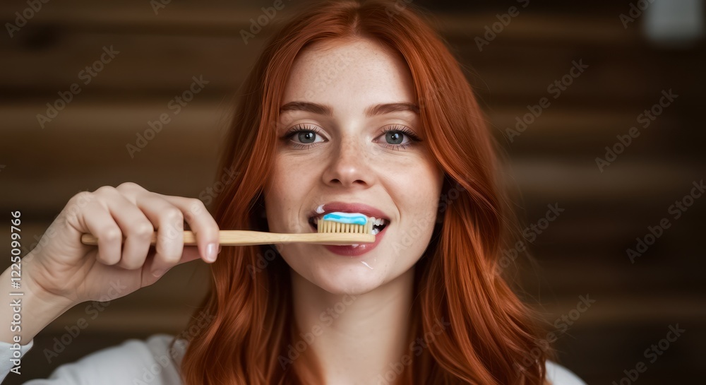 A vibrant red-haired woman brushing her teeth with a wooden toothbrush A vibrant red-haired woman brushing her teeth with a wooden toothbrush