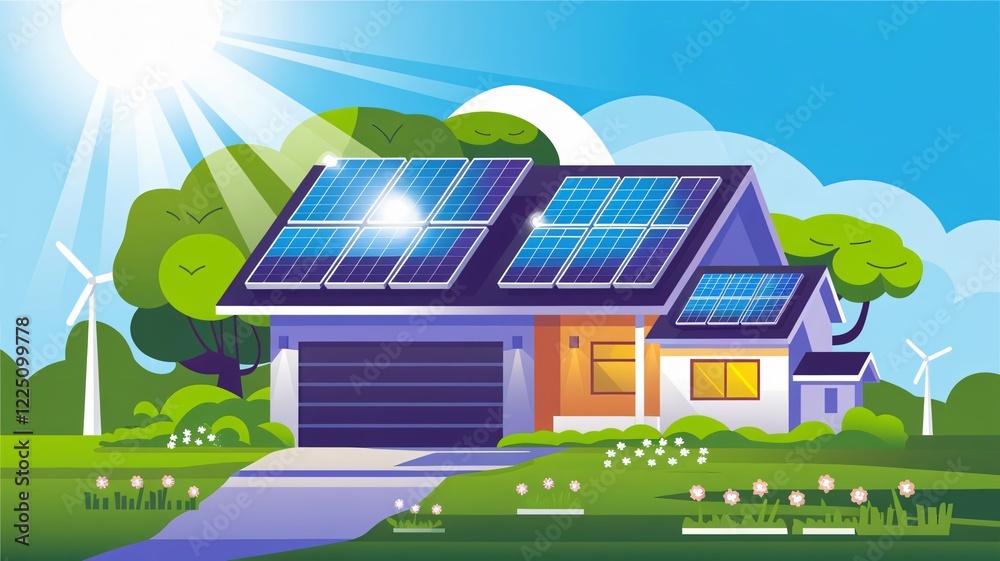 Naklejka premium Illustration of an energy-efficient house with solar panels on the roof, surrounded by greenery, under a sunny sky, promoting sustainability and renewable energy principles.