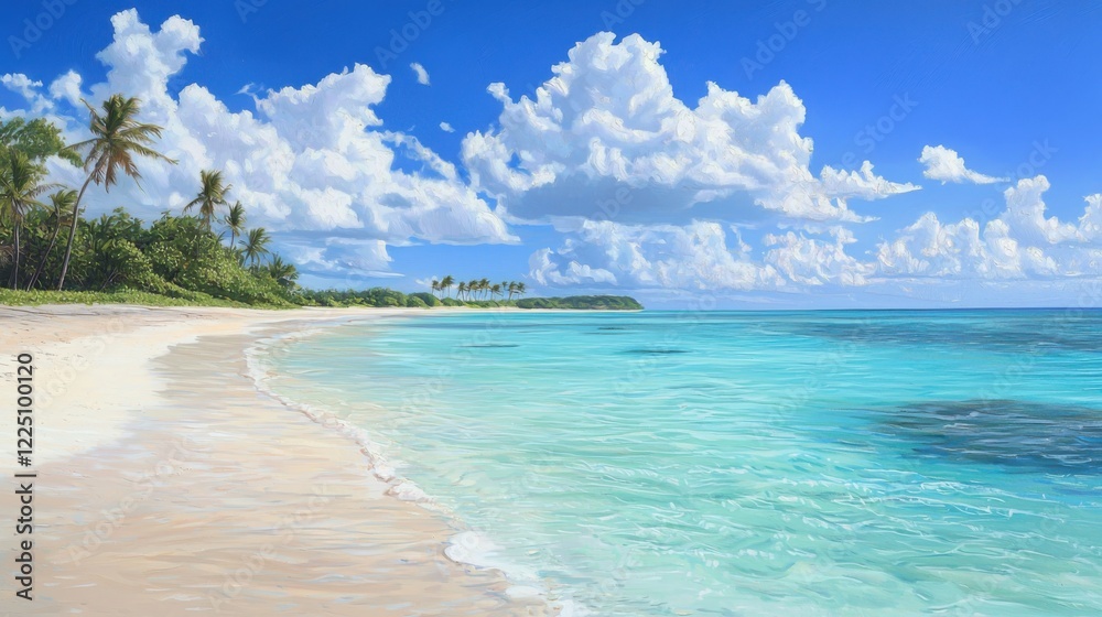 Fototapeta premium Tropical beach paradise crystal-clear waters scenic landscape relaxing environment panoramic view dreamlike escape