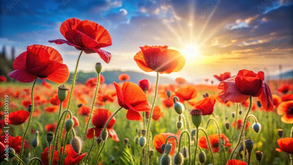 A field of vibrant red poppies swaying gently in the breeze with a subtle hint of sunlight filtering through the petals , spring blooms, red flowers A field of vibrant red poppies swaying gently in the breeze with a subtle hint of sunlight filtering through the petals , spring blooms, red flowers