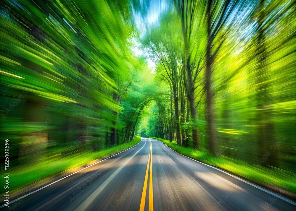 Blurred motion abstract of forest road with lush green trees perfect for nature speed landscape