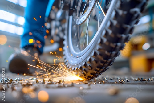 A close-up of an electric drill in action, creating sparks and light as it operates photo