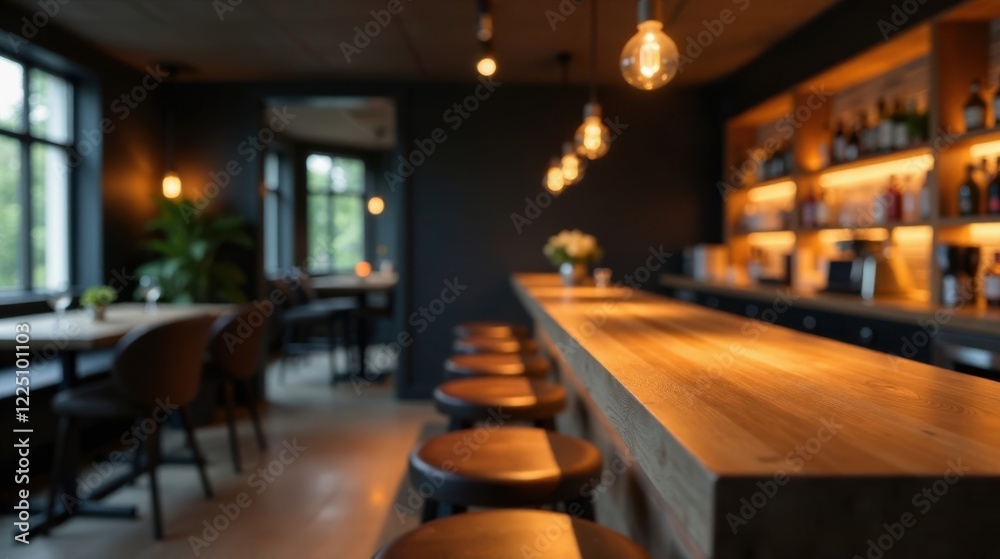 Obraz premium Warm Evening Light Illuminates a Stylish Bar's Wooden Countertop, Blurred Seating and a Backlit Liquor Shelf Create a Cozy Ambiance