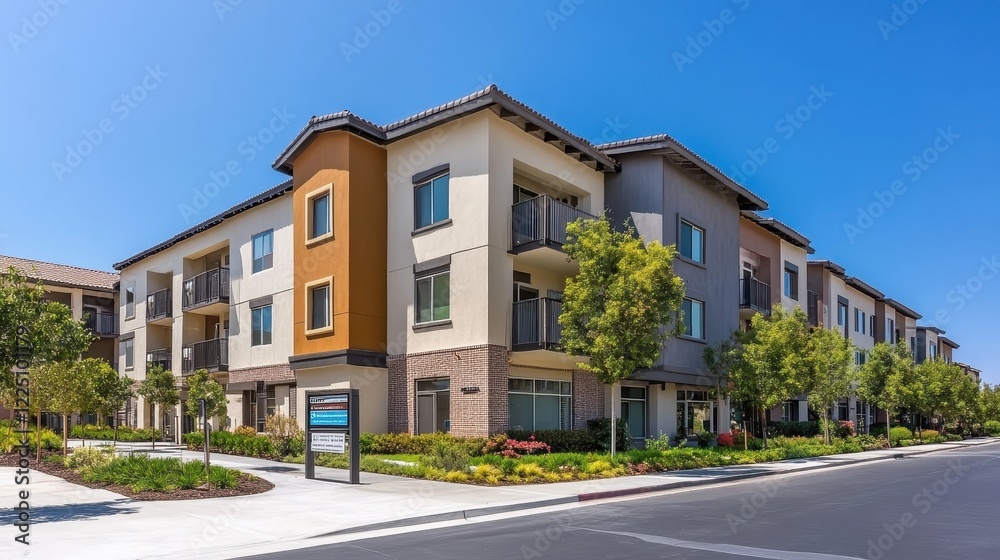 Modern Apartment Complex with For Sale Signs and Clean Exterior Modern Apartment Complex with For Sale Signs and Clean Exterior