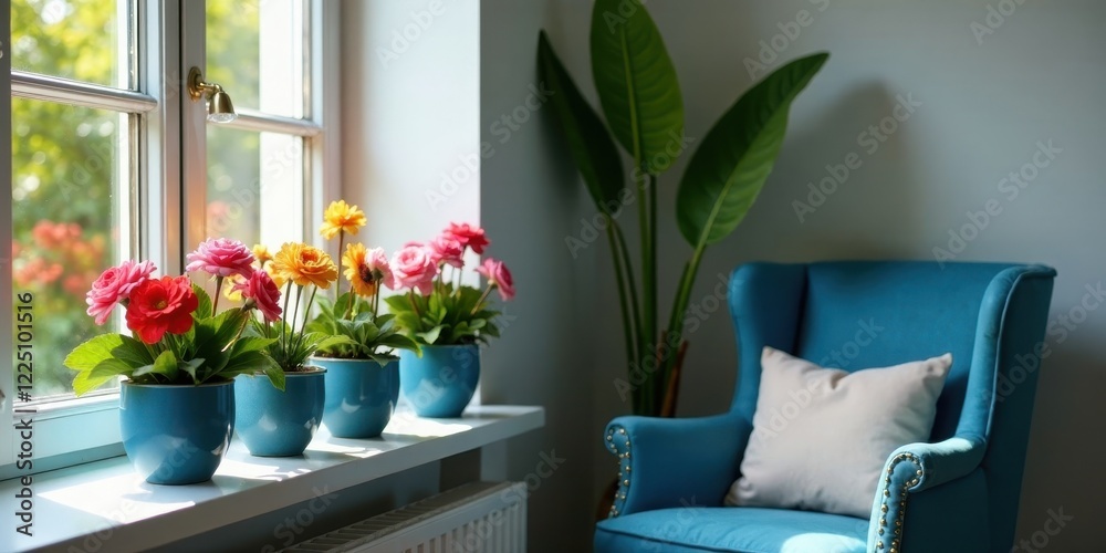Fototapeta premium Brightly colored blossoms in teal pots sit on a windowsill next to a teal armchair with a neutral cushion, bathed in sunlight